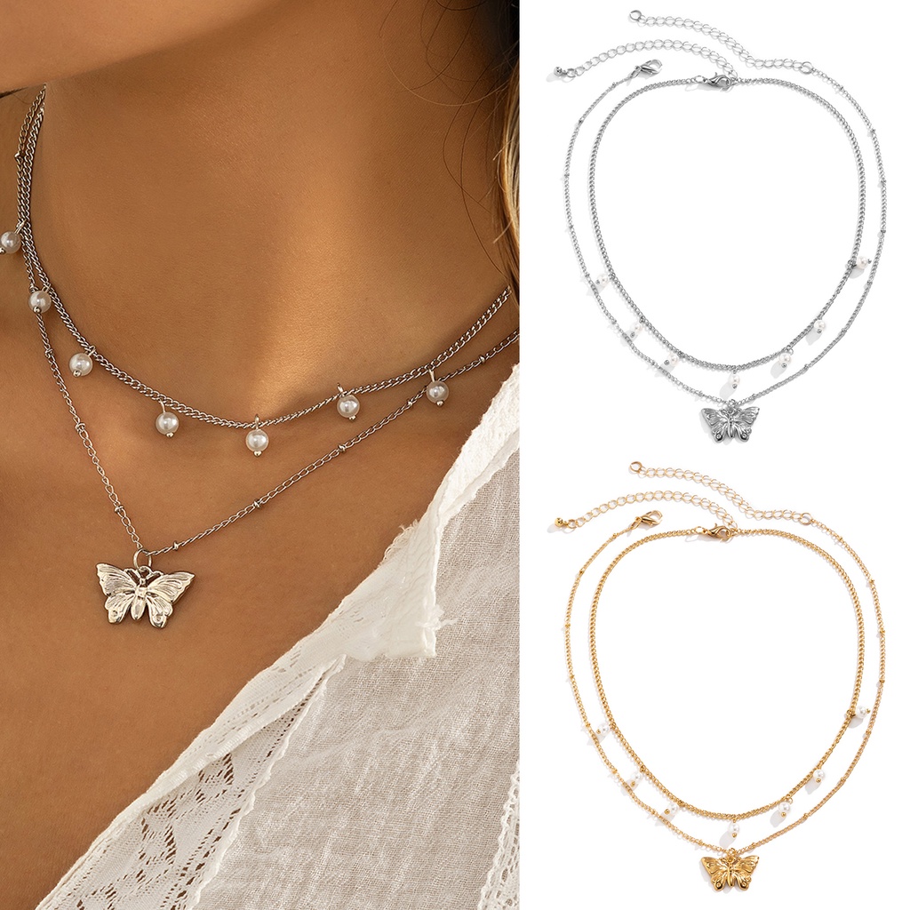 Hu Hu Hu Hu Hu Alat Bantu Pasang Kacamata♡ Kalung Choker Rantai Double Layer Dengan Liontin Butterfly Gaya Elegan