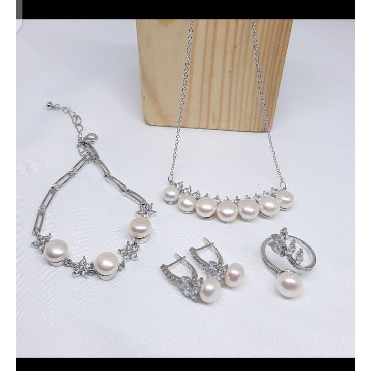 set perhiasan lengkap mutiara tawar super abu abu rangka rhodium asli Lombok