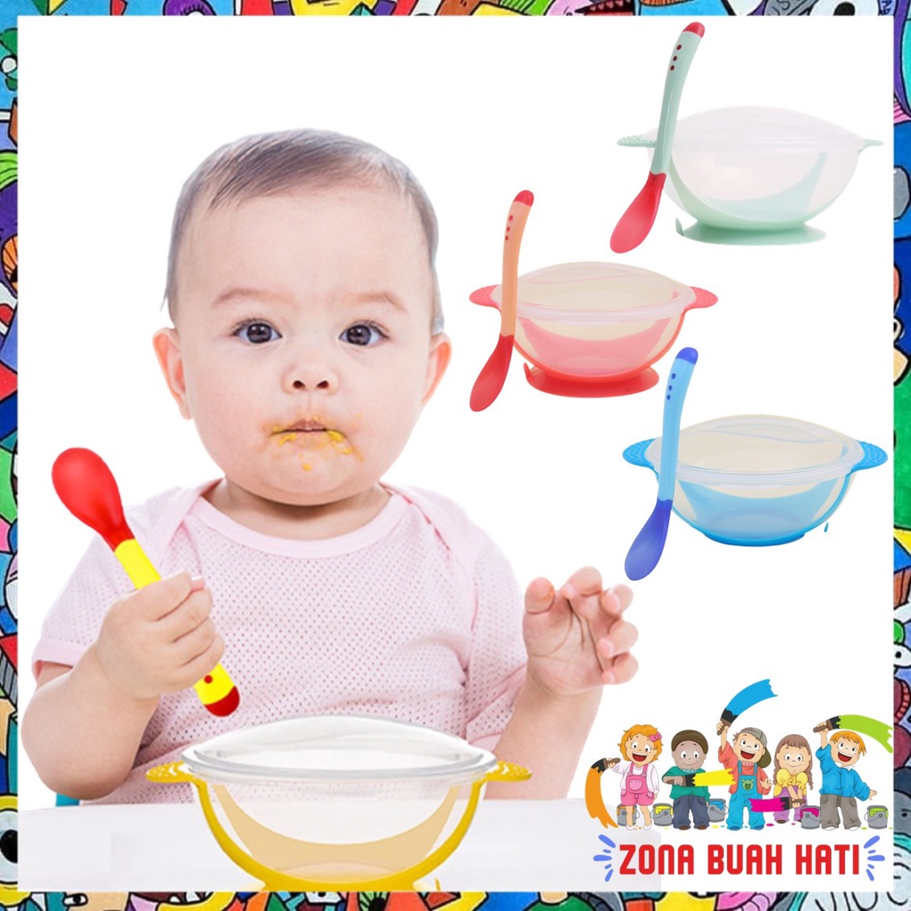 ZBH Mangkok Set Bayi Anti Tumpah Sensor Panas Tempat Makan Bayi Silicon Mangkok Anti Slip Alat Makan Bayi FREE Sendok Murah Import