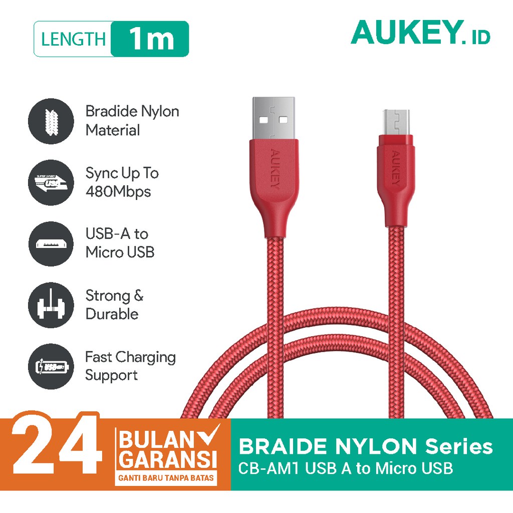 Kabel Charger Micro Aukey CB-AM1 1M Braided Red - 500273