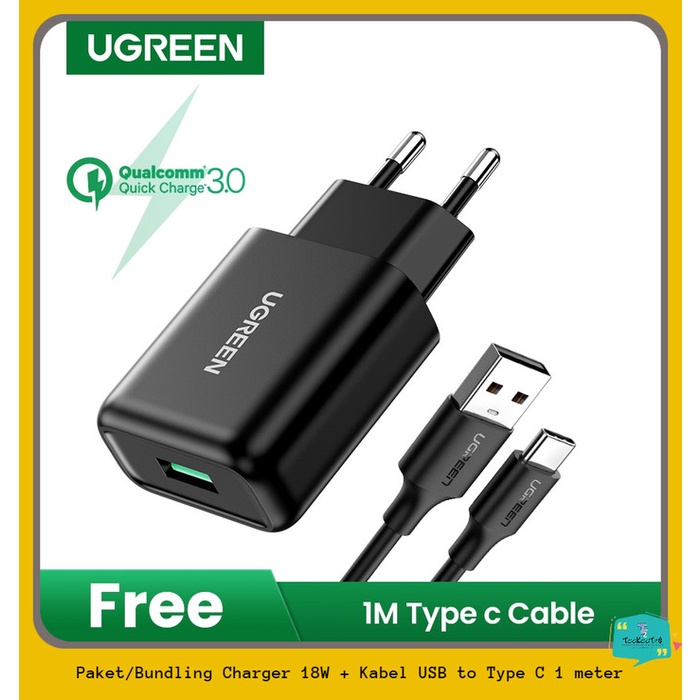 UGREEN Kepala Charger 18W + Kabel USB to Type C Fast Charging QC 3.0