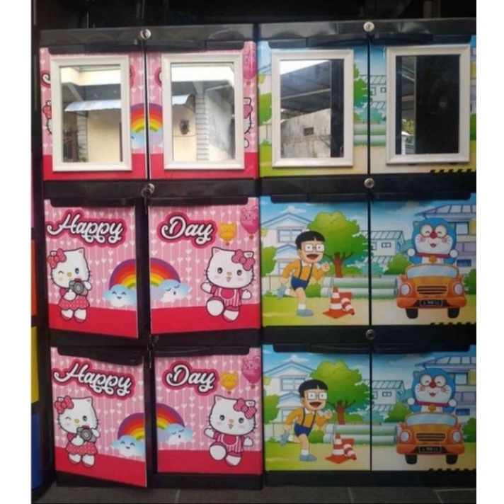 Lemari PLastik Diva Mini Susun 3 + Double Cermin / Hello kitty / Doraemon