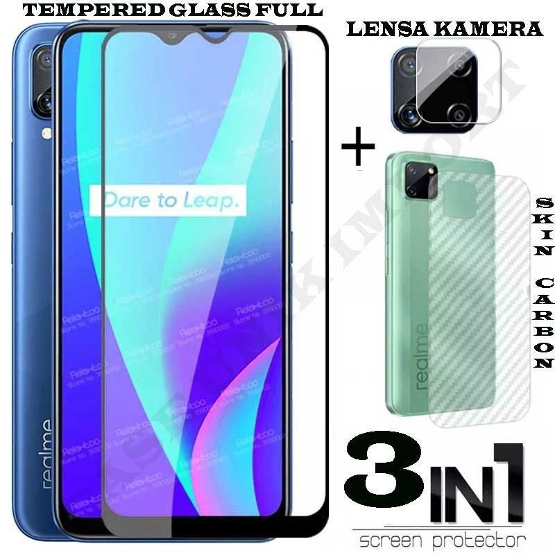 PROMO PAKET 3 IN 1 Realme C11 2021 Anti Gores Layar Free TG Camera &amp; Skin Carbon Sticer Anti Gores Body Belakang Handphone