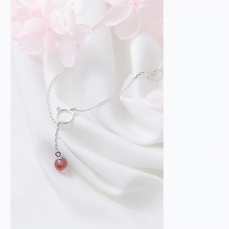 Kalung Liontin Necklace Cute Hollow Cat Pink Crystal Bead Choker Neclaces Women Girls Jewelry