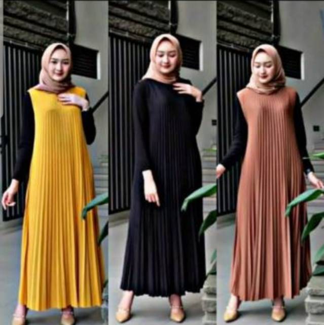 Long Dress Plisket Dewasa / Full Plisket Depan Belakang