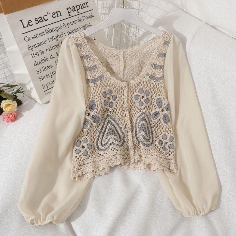 BL816 • Korean Love Pattern Blouse • Crochet Knit Crop Top • Puff Long Sleeve