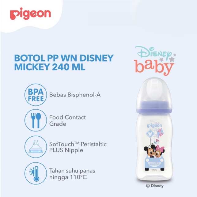 BOSU354 PIGEON BOTOL SUSU DISNEY MICKEY PP WIDE NECK 240 ML W/ P-PLUS NIPPLE