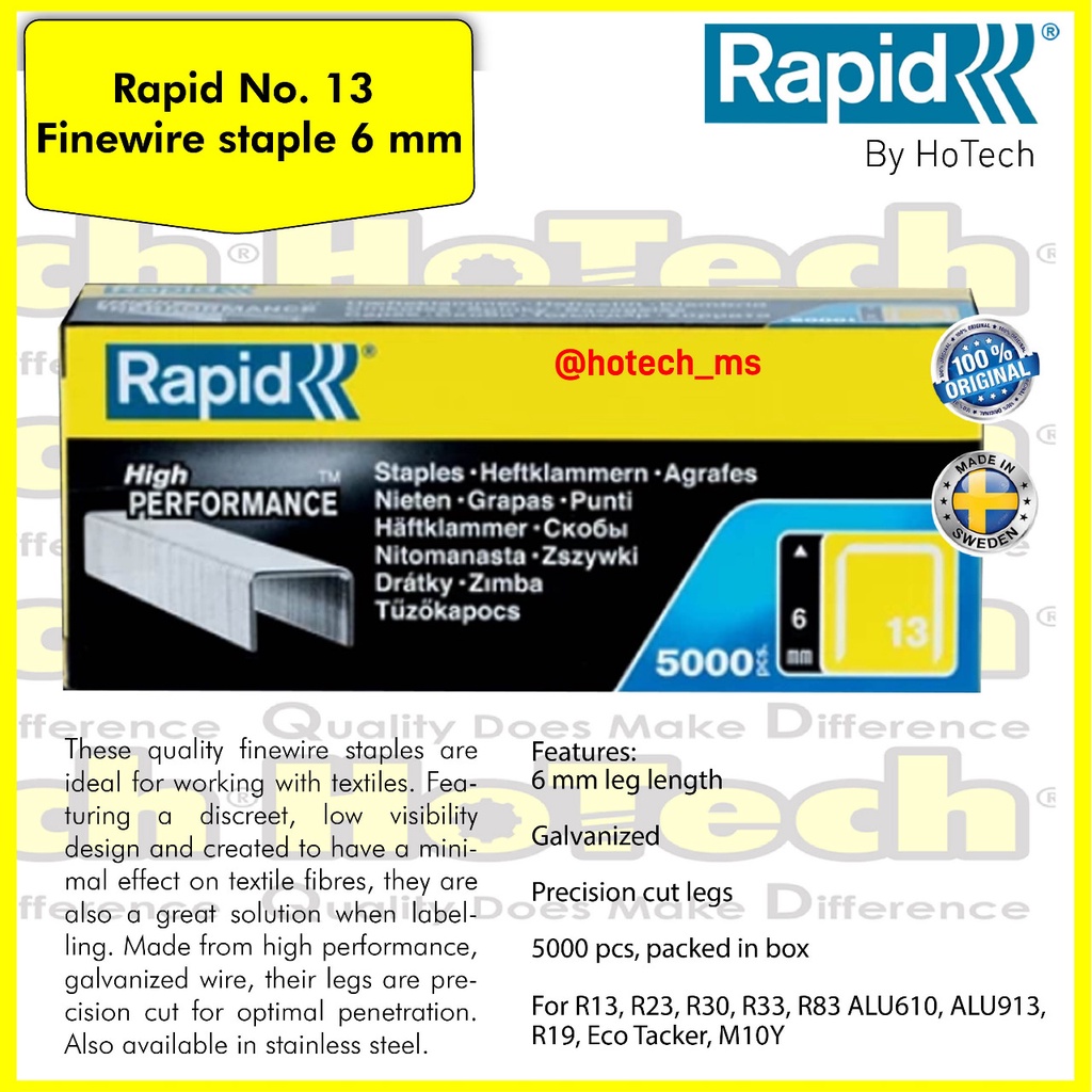 

Isi Staples RAPID | Refiil Staples RAPID | RAPID | ISI STAPLES 13/6MM GALVANISED, 5000 PCS