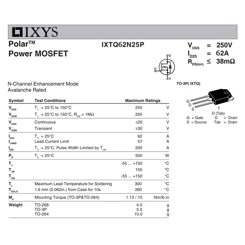 TRANSISTOR IXTQ62N25P IXYS KOREA TR IXTQ 62N25P 62N25