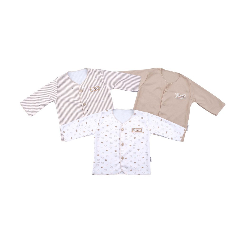 Fluffy baju bayi tangan panjang NECI newborn Abu dan Khaki 3 pcs-1