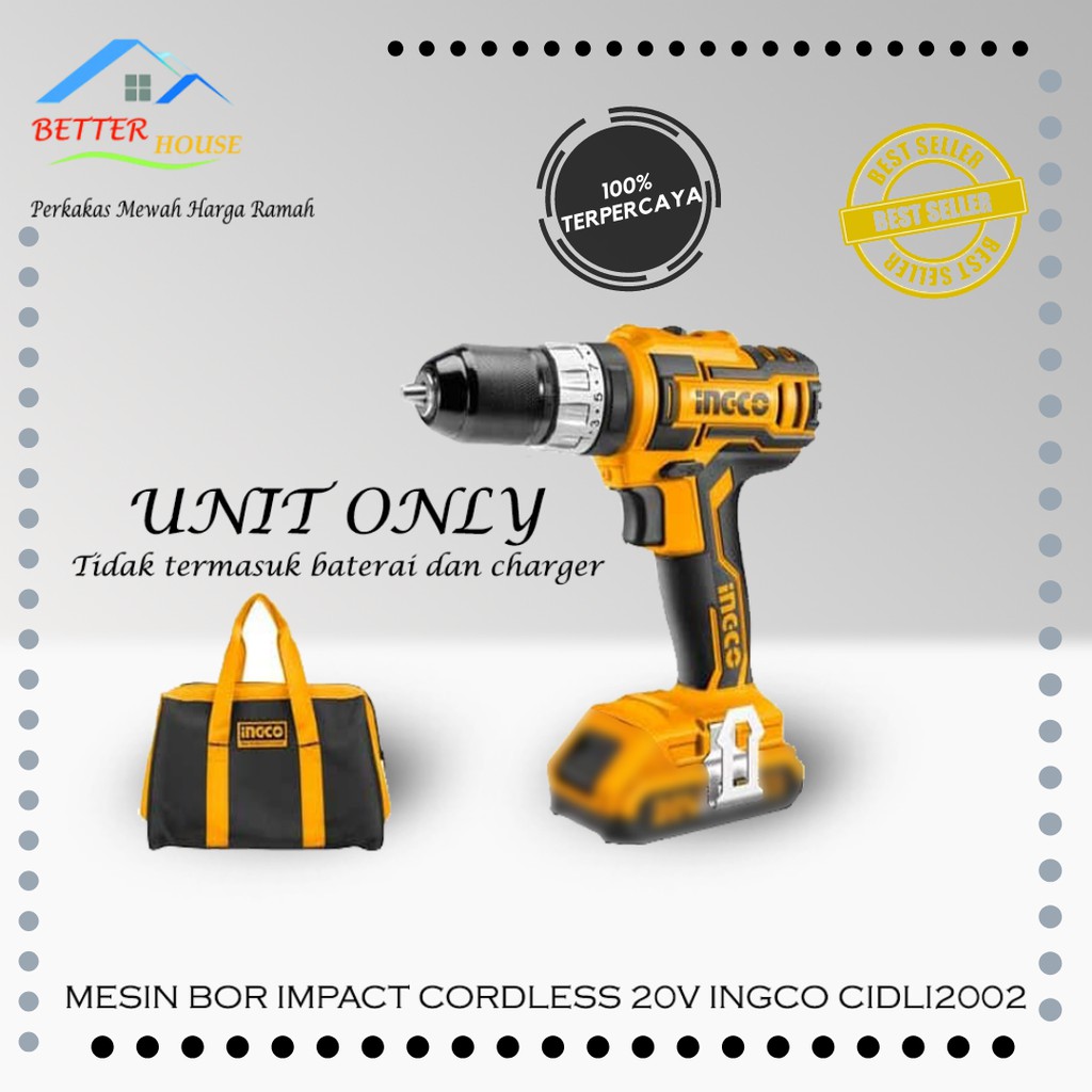 MESIN BOR IMPACT CORDLESS 20V INGCO CIDLI2002 UNIT SAJA TIDAK TERMASUK BATERAI DAN CHARGER