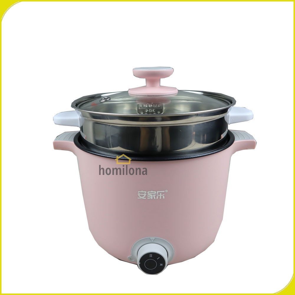 Panci Listrik Mini Multifunctional Electric Cooker Skillet Household Frying 600W 1.5L with Optional Steamer - Trifate AJL-A1301 - White Pink