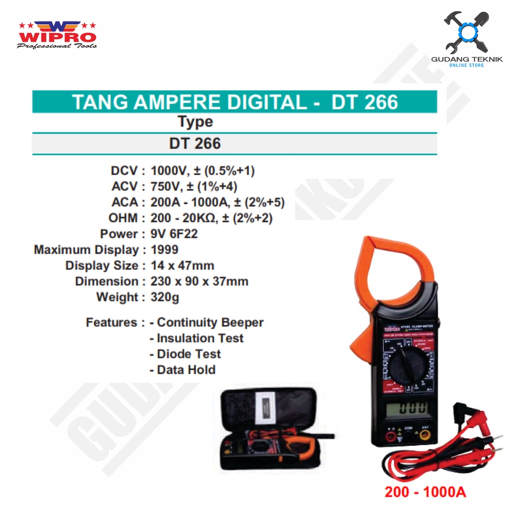 TANG AMPERE DIGITAL WIPRO DT-266 / Alat Ukur Arus Listrik Digital Clamp 200-1000 A WIPRO DT 266 - Tang Meter Ampere WIPRO DT266