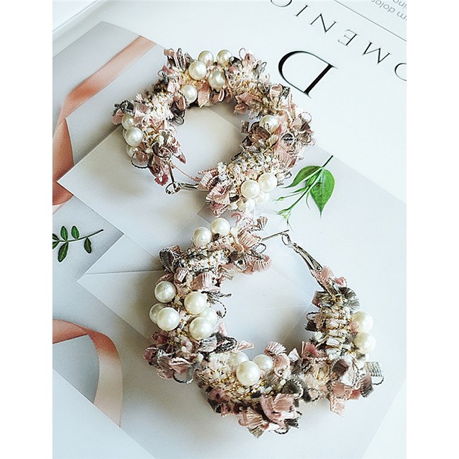 LRC Anting Tusuk Fashion Pink Alloy Garland Pearl Earrings D28747