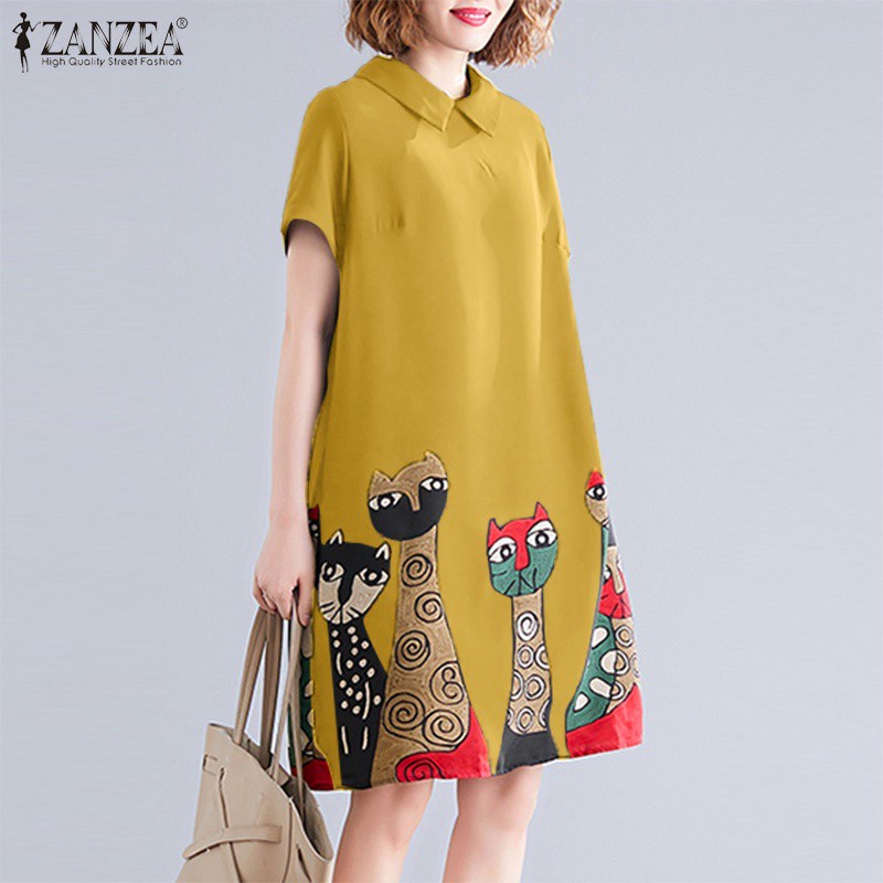 ZANZEA Women Vintage Short Sleeve Turtleneck Animal Printed Midi Dress