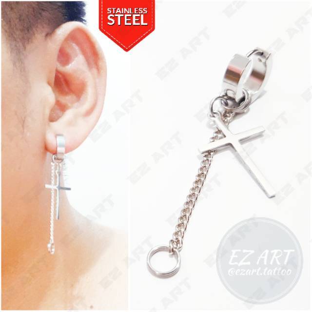 1Pc Model EZ-H Silver Anting Jepit Tusuk Variasi Bandul Salib Punk Korea KPOP Stainless Steel