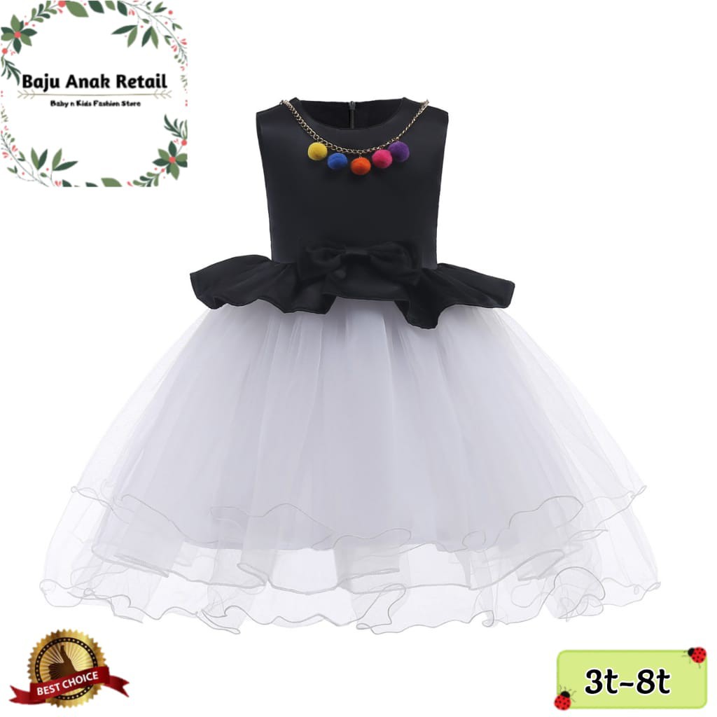 Dress Anak Perempuan Impor Tong Tong Mi Gaun Pesta Warna HItam Putih Tile Baju Pesta