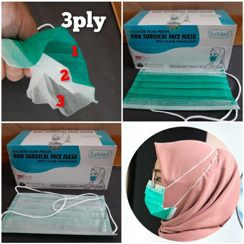 Masker 3ply headloop BalMed/ Masker hijab BalMed 3ply