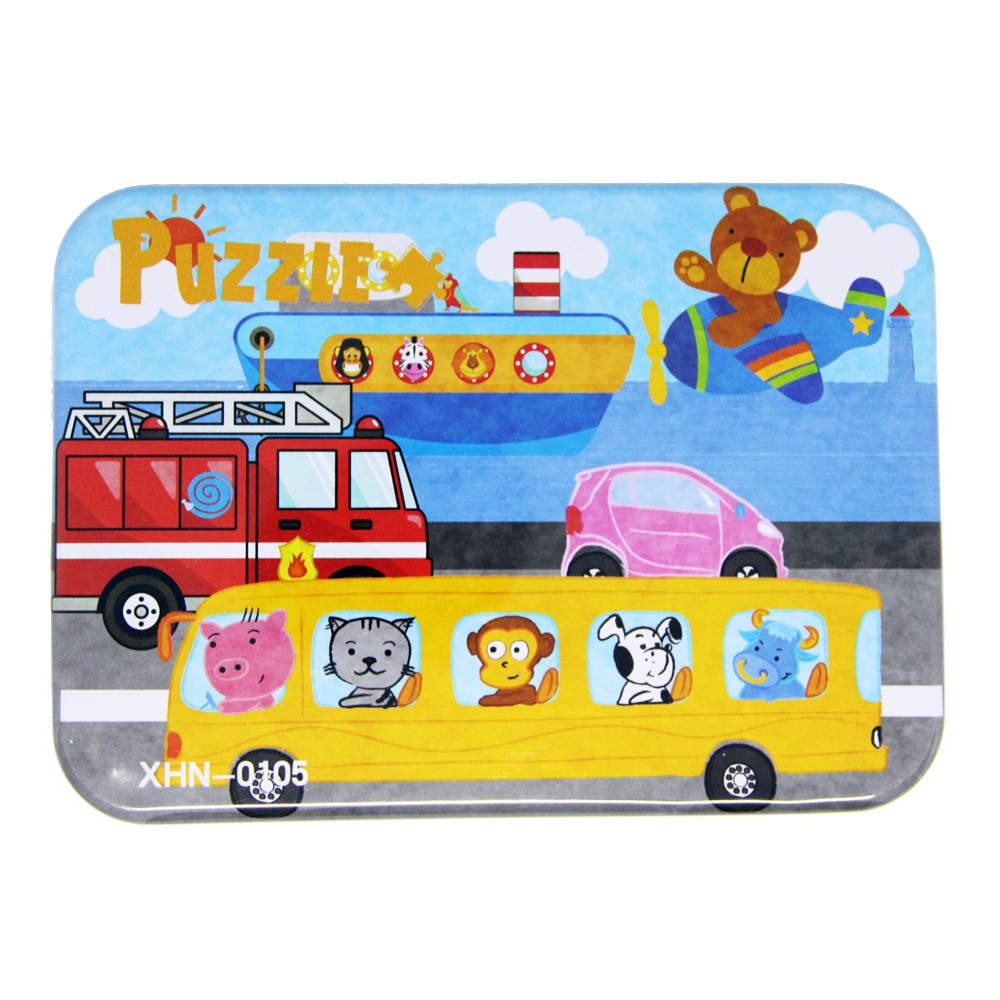 PL112 Puzzle Kayu Jigsaw Mix 4 in 1 Tepak Kaleng Mainan Anak Bus