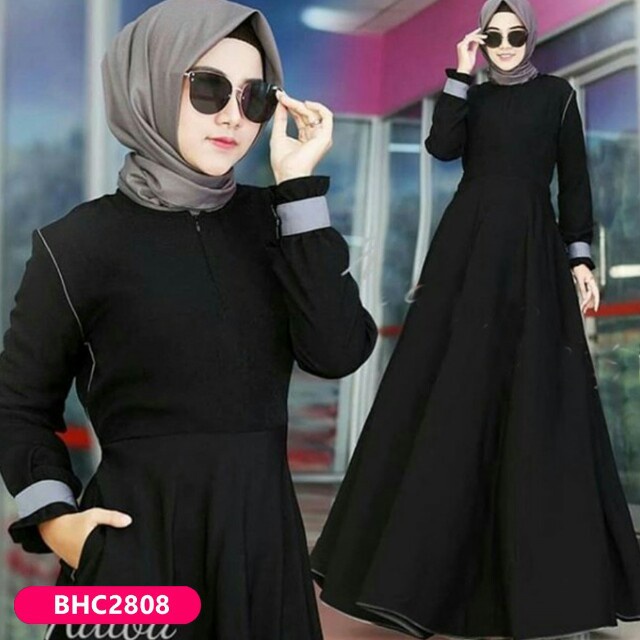 Adinda - Bisa COD Gamis Dress Baju Wanita Busui Sleting Depan Saku Kantong Depan Warna Polos Hitam B