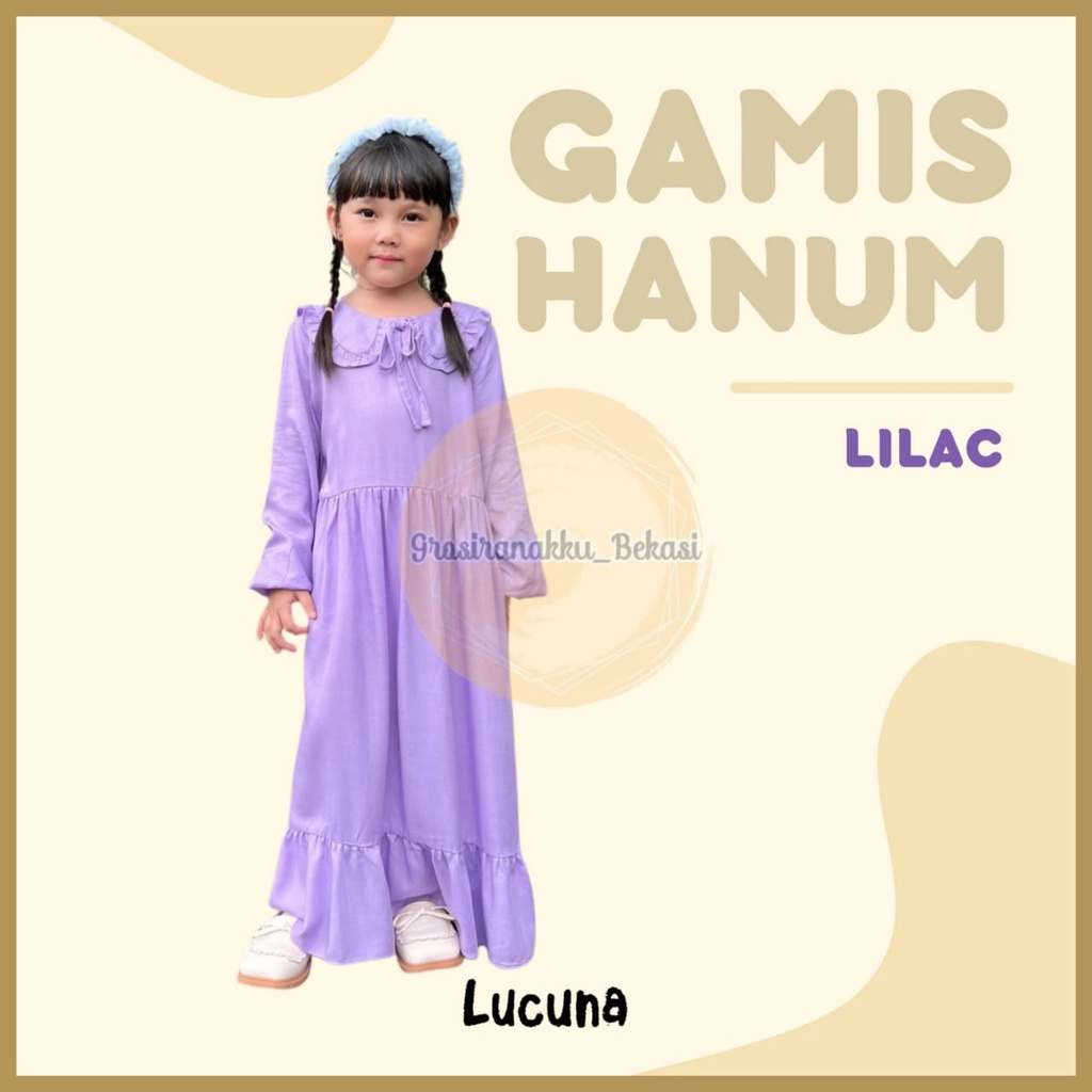 Gamis Rayon Anak Hanum Lucuna Warna Lilac  Size 2-10 Thn