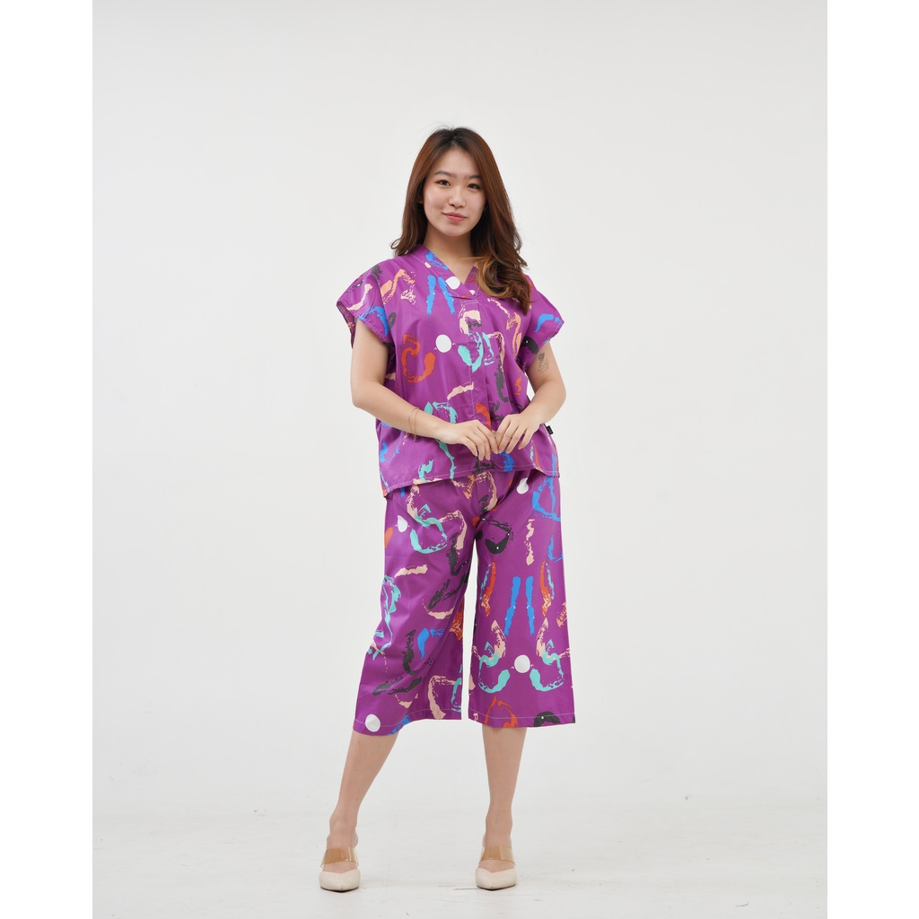 IZANY Piyama Dewasa Kimono Kulot / SET Kimono Kulot V Banyak Motif-HAVANA PURPLE