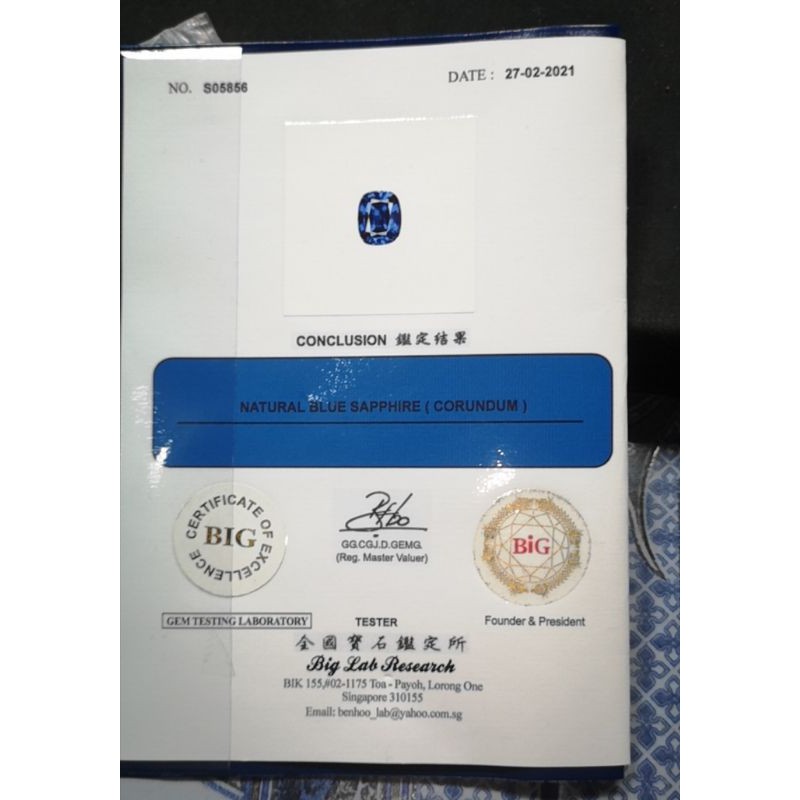 ROYAL BLUE SAPPHIRE SERTIFIKAT BIG LAB