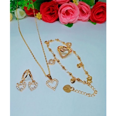 1 Set Perhiasan Kalung + Cincin + Gelang + Anting Emas Love Import Xuping