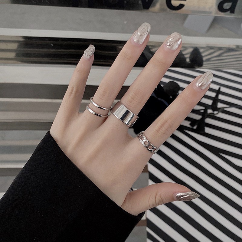 3pcs / set Cincin Rantai Model Terbuka Gaya Retro Hip Hop Untuk Wanita