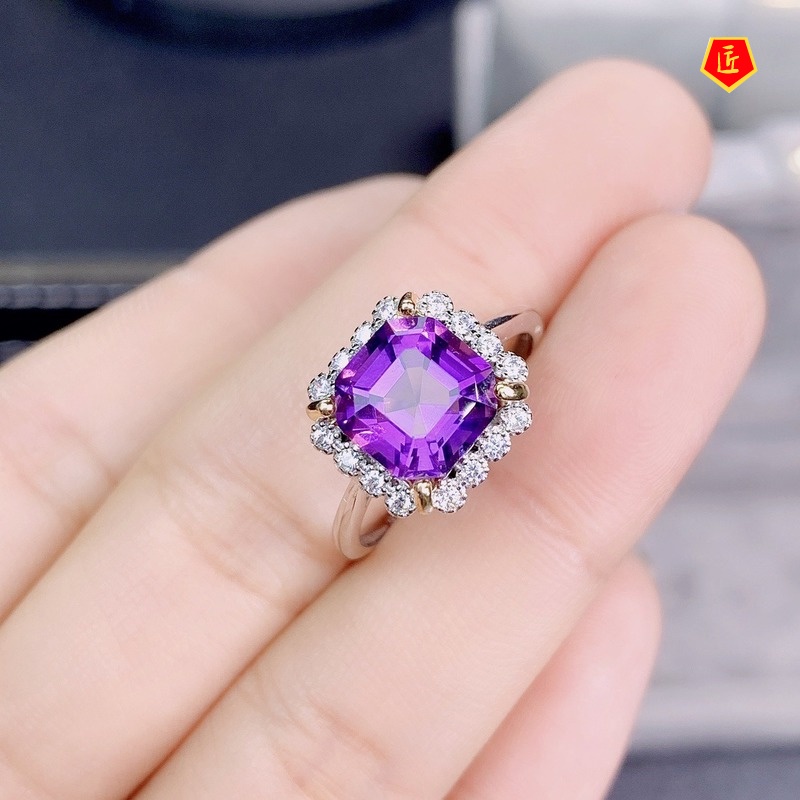 [Ready Stock]Simple Fashion Square Diamond Amethyst Ring for Women