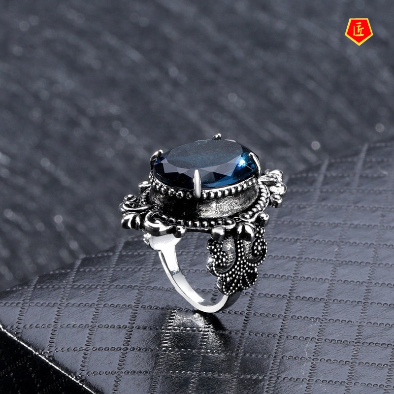 [Ready Stock]Blue Topaz Ring European and American Retro 925 Silver