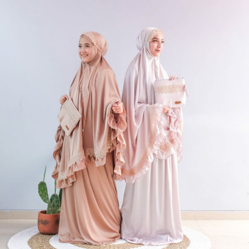 mukena silky premium syari nutup dagu renda tile | renda bordir