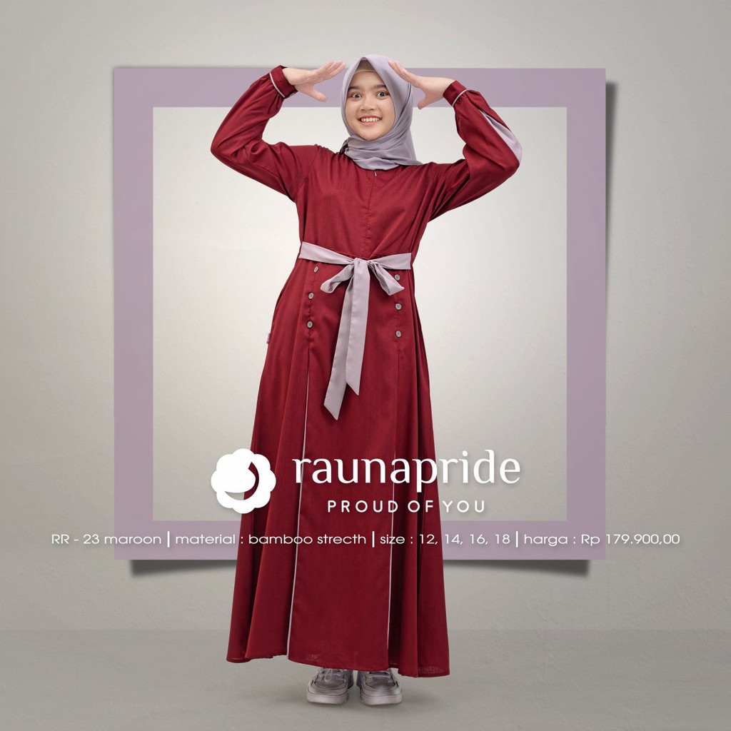 Gamis Remaja Rauna RR 23 Warna Maroon Polos dengan Pita