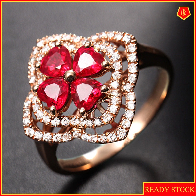 [Ready Stock]Elegant Personality Rose Gold Ruby Flower Ring