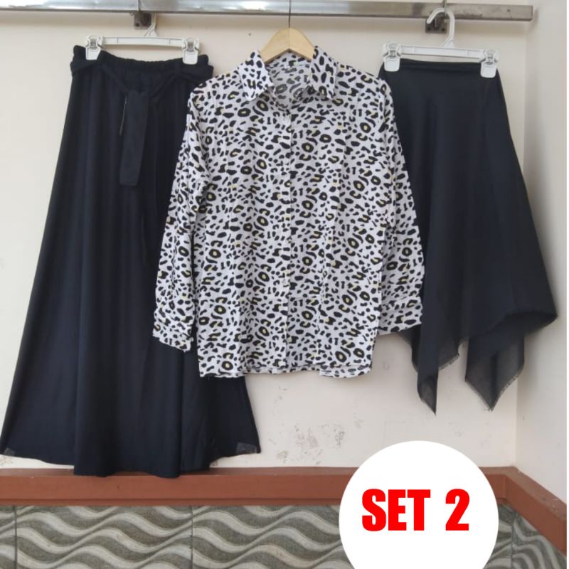 3 IN 1 SETELAN KEMEJA WANITA MOTIF LEOPART RAYON PREMIUM