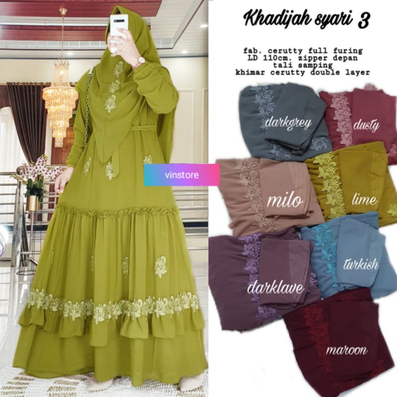 Gamis Syari Set Khadijah #3 #4 #5 #6 #7 Syar'i Cerutty Full Furing LD 110 By Vinstore