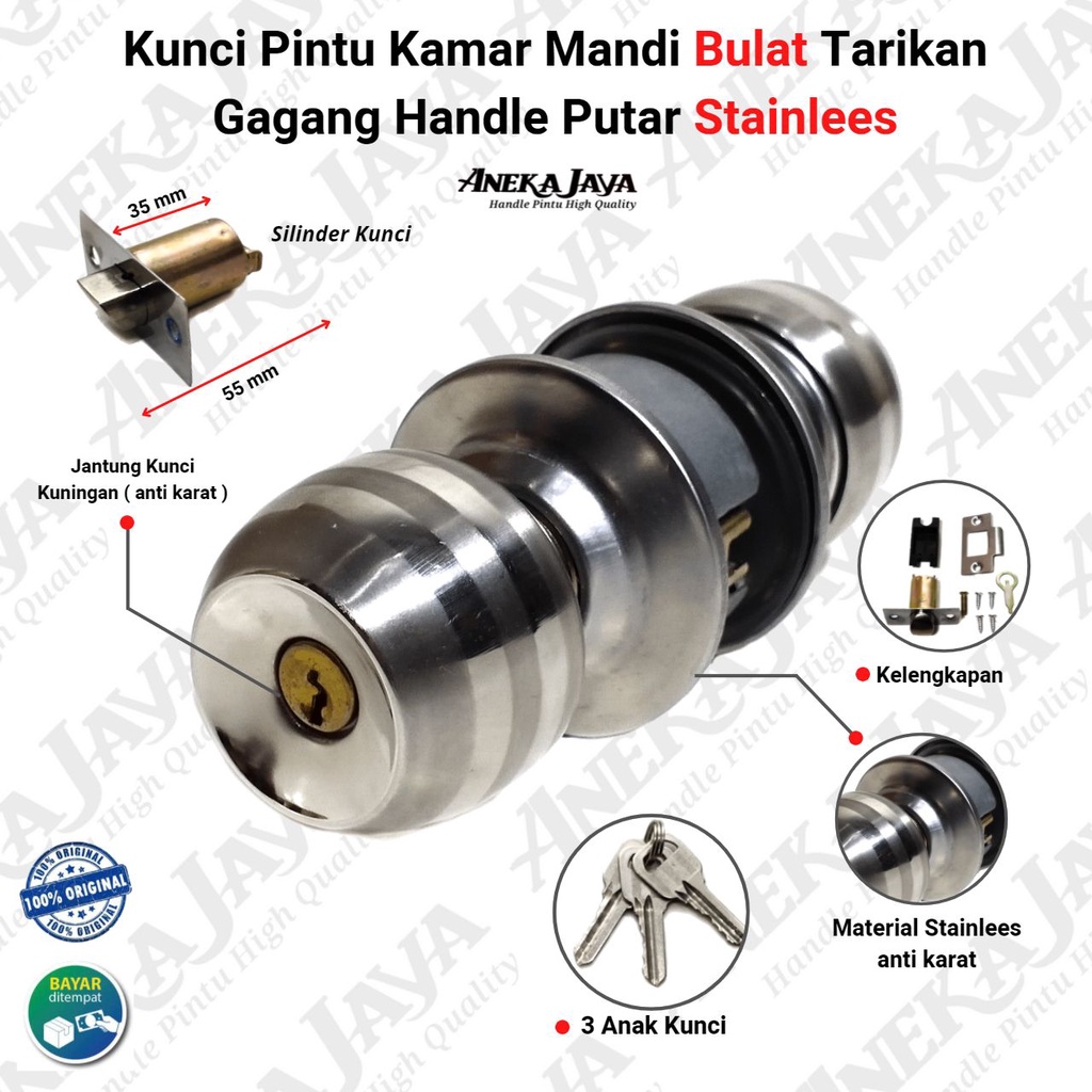 Kunci pintu kamar mandi / Tarikan Gagang Pintu Rumah Putar stainlees murah awet / Gagang Bulat