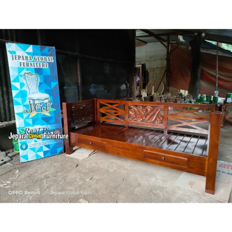 daybed bangku bale bale Jati ukir daun pisang (bench jati, bangku jati murah, kursi ukir jati )