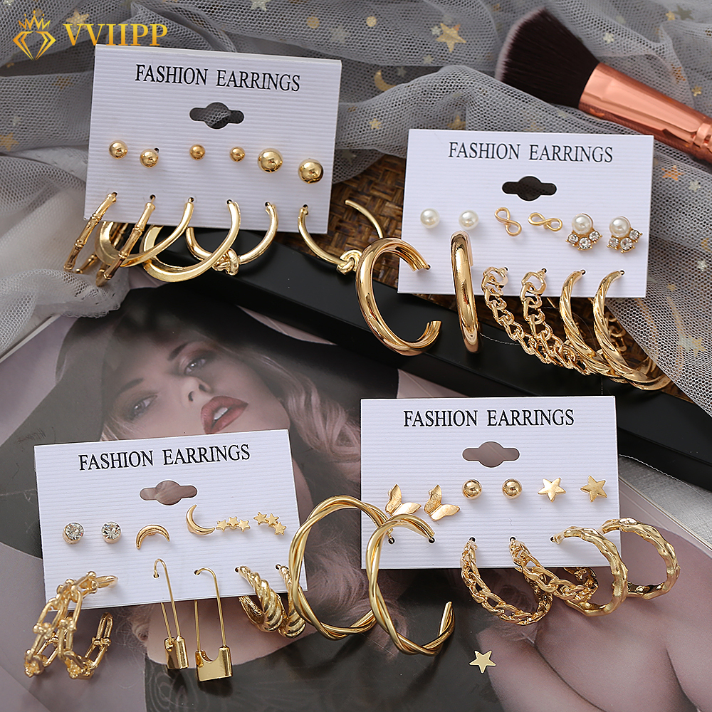 6 Pasang / Set Anting Tusuk Desain Kupu-Kupu / Bintang / Bulan / Geometri Hias Mutiara / Berlian Gaya Korea