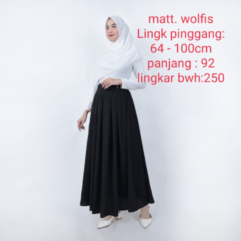 Rok panjang wanita bahan wolfis / rok rempel polos / rok kerja / rok kuliah-Hitam panjang 92cm