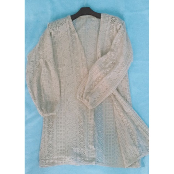 Cardigan Brokat Lengan Balon/Kardigan Burkat/Kardi Brukat/Outer Long Cardi-hijau pastel