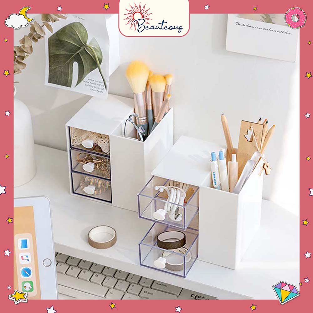 Kotak Laci Mini Tempat Make Up Storage Tempat Pensil Stackable Mini Serbaguna Free Sticker