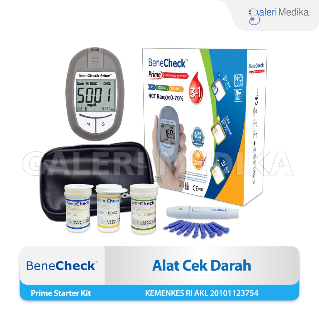 BeneCheck Prime Starter Kit Alat Cek Darah / Screening Kesehatan 3in1 (Gula Darah, Asam Urat dan Kolesterol)