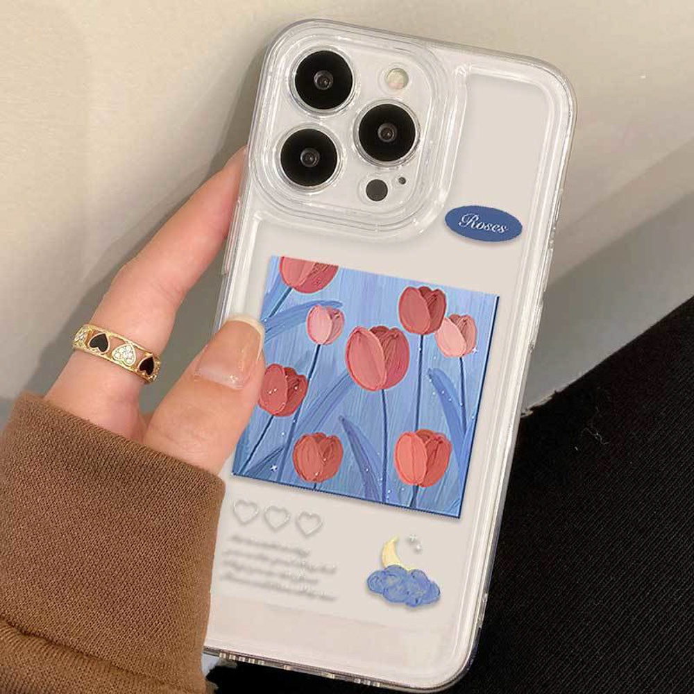 Soft Case Transparan Motif Bunga Tulip Untuk iPhone 13 11 12 Pro Max X XR XS Max 7 8 Plus SE 2020 2022