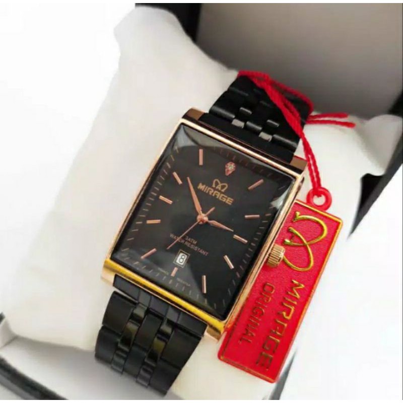 jam tangan pria/wanita;MIRAGE M8667LPK segi hitam rosegold~ORIGINAL WATER RESISTANT~TGL~STAINLEES