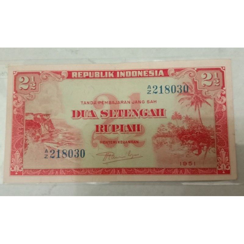 Uang Kertas Kuno 2 1/2 Rupiah Pemandangan Alam Tahun 1951 XF