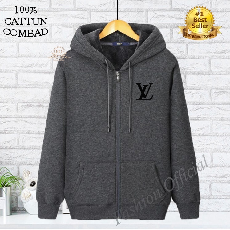 COD Jaket Sweater Hoodie Resleting Zipper LV Print Hitam Premium Quality Bahan Fleece Tebal Pria & W