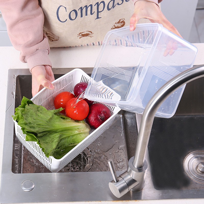 Hot Sale/[Unggulan] Keranjang Tiris Ganda Plastik Dapur Dengan Tutup/Kotak Penyimpanan Persegi Panjang Kulkas Rumah Tangga/Saringan Pembersih Sayuran Buah Alat Dapur