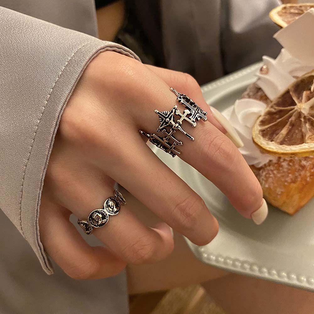 Agustina Wanita Cincin Geometris Hadiah Pesta Untuk Gadis Punk Cinta Dan Penebusan Salib Yesus Hip Hop Korea Jari Rings