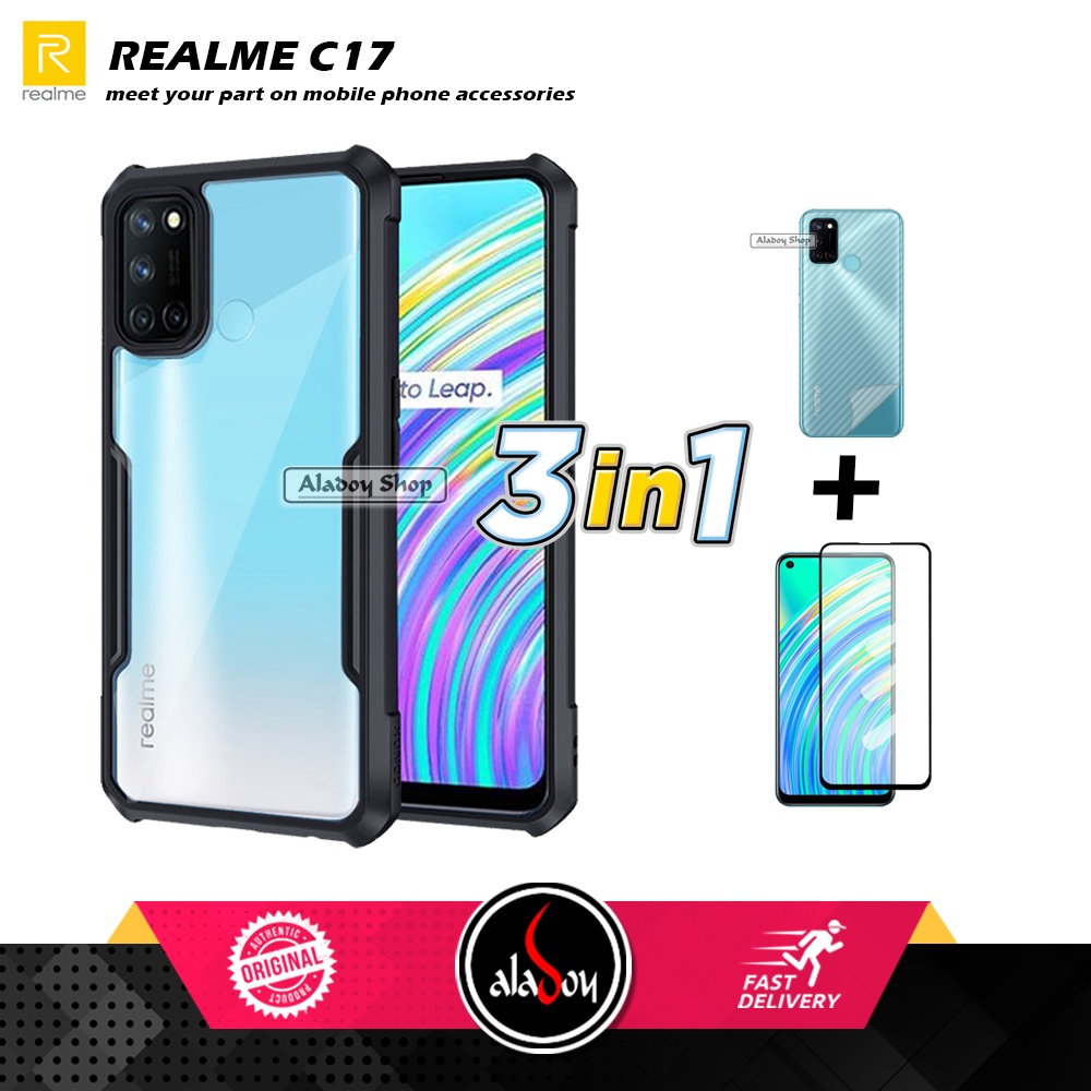 Case REALME C17 Armor Fushion Transparent Casing + Tempered Glass Full Layar dan Skin Carbon